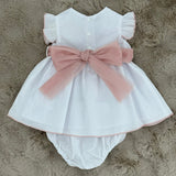 Baby Kleid Weiß Leinenoptik mit Tüllschleife & Windelhöschen