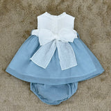 Baby Kleid Plumeti Weiß-Hellblau mit Schleife & Windelhöschen