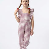 Girls' Checked Mauve and White Dungarees with Ruffles