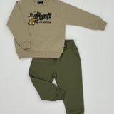 Set „Street“ mit Dino-Stickerei – Khaki & Olivgrün