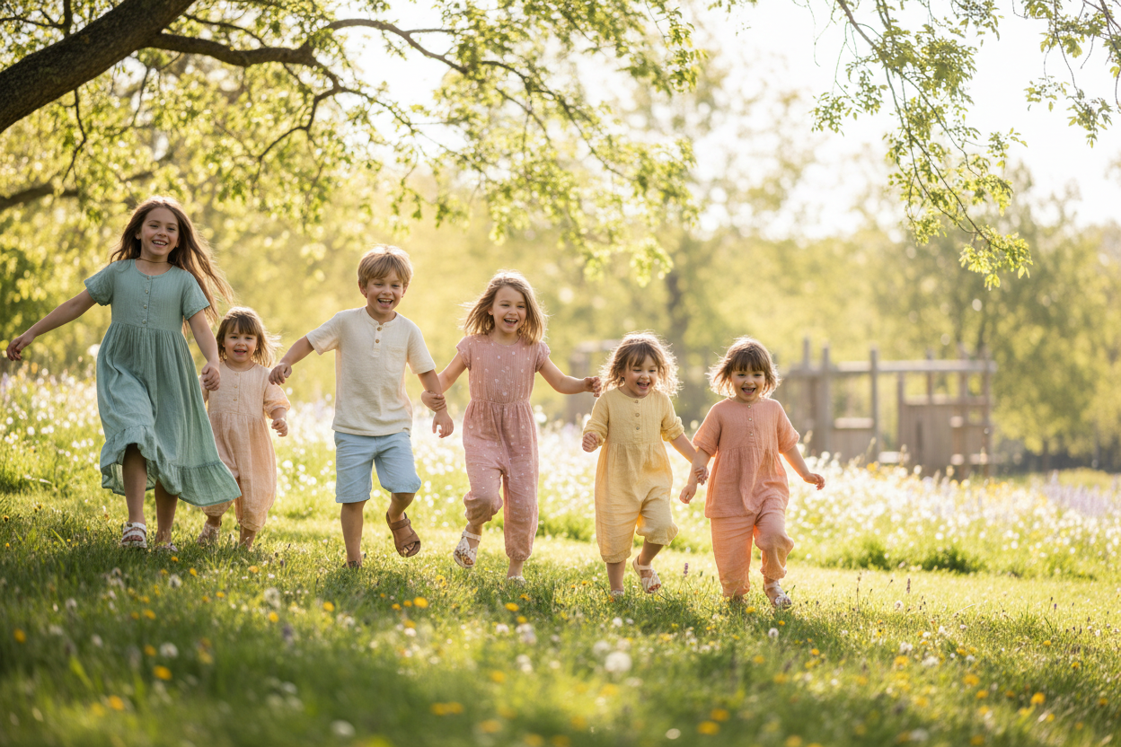 Fröhliche Kinder in bunter Kleidung
